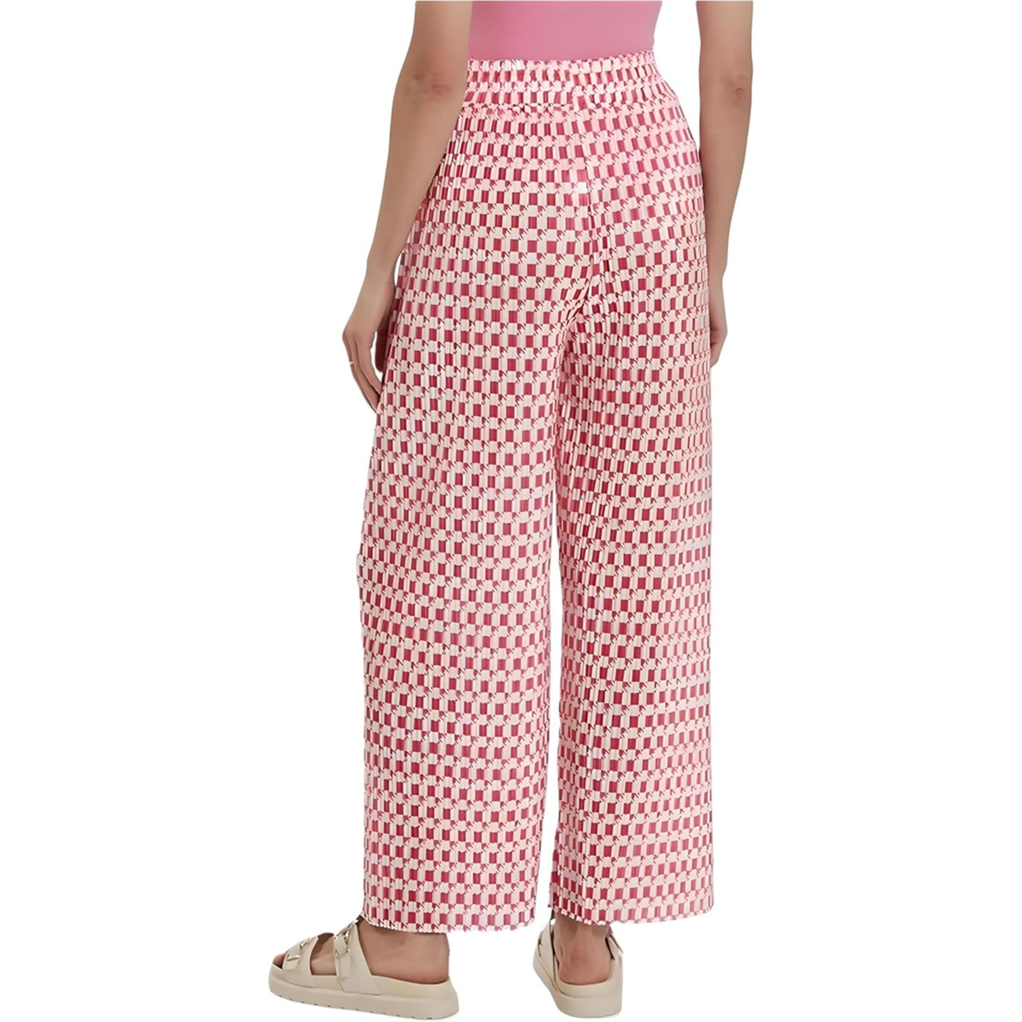 Ladies fuchsia pink and White Check Design Palazzo Trousers – Wide Leg Lightweight Summer Pants